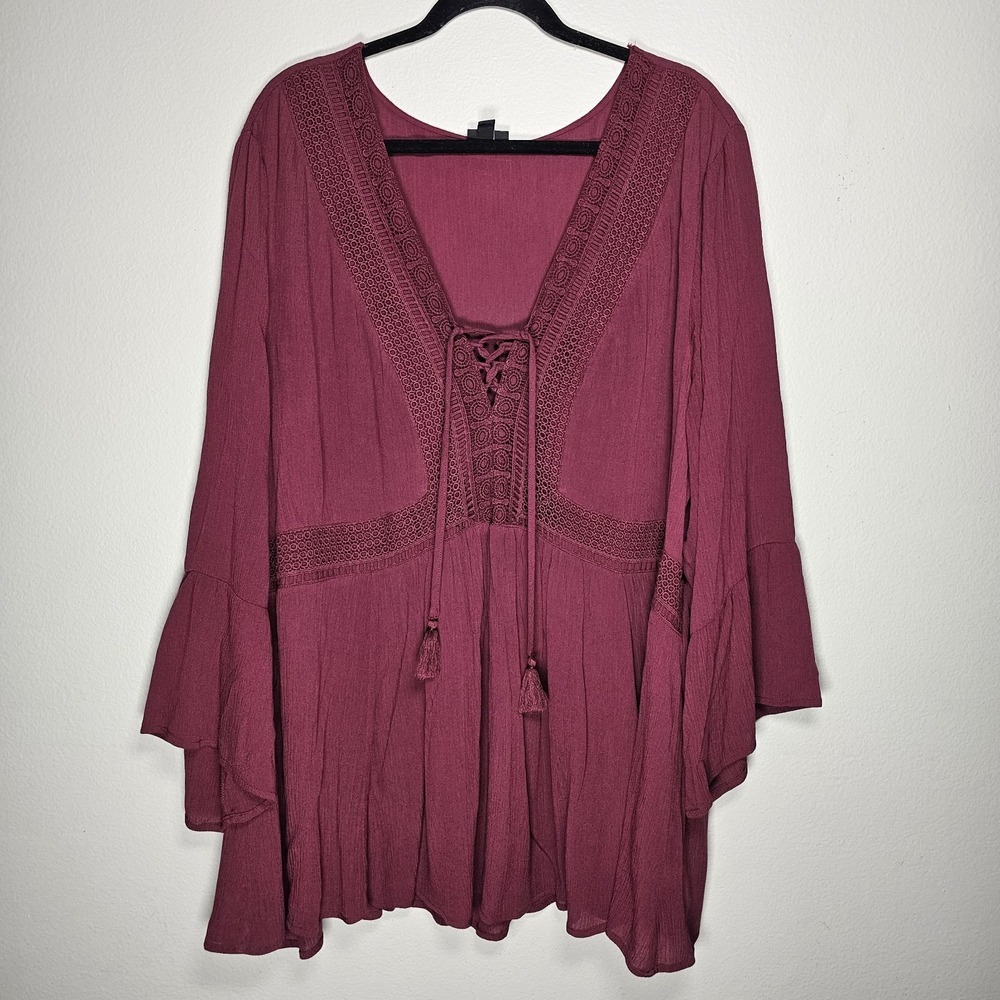 Torrid Womens 4 Babydoll Top Crochet Trim Lace Up Burgundy Bell Sleeve Boho